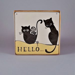 Kerámia ajtótábla fekete macskás dekorral #96