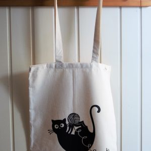 Vászon táska gombolyagos cica dekorral #09
