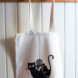 Vászon táska gombolyagos cica dekorral #09