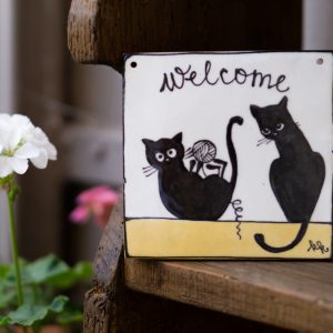 Kerámia ajtótábla fekete macskás dekorral #96wel